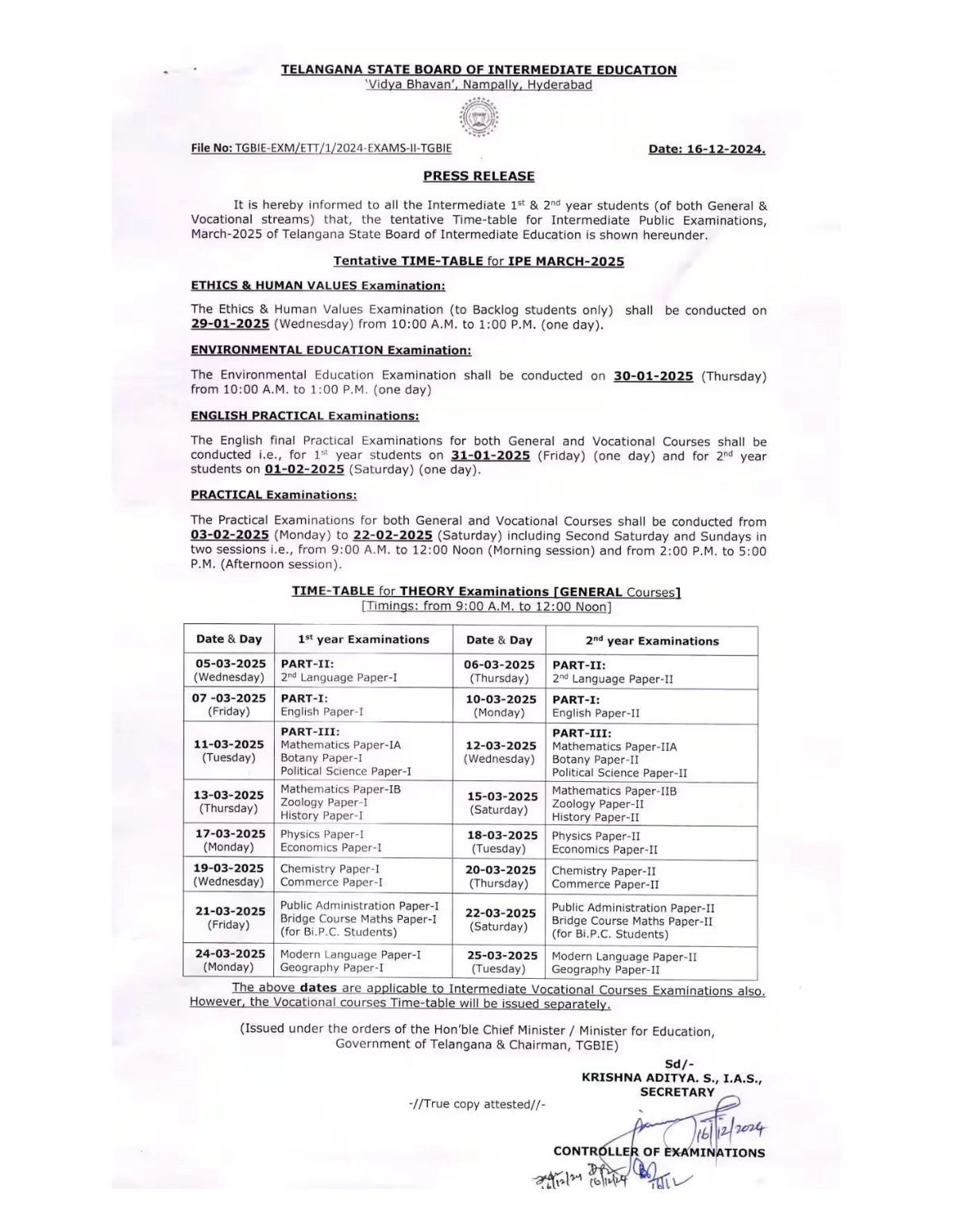 TS Intermediate Exam Schedule 2025 Out