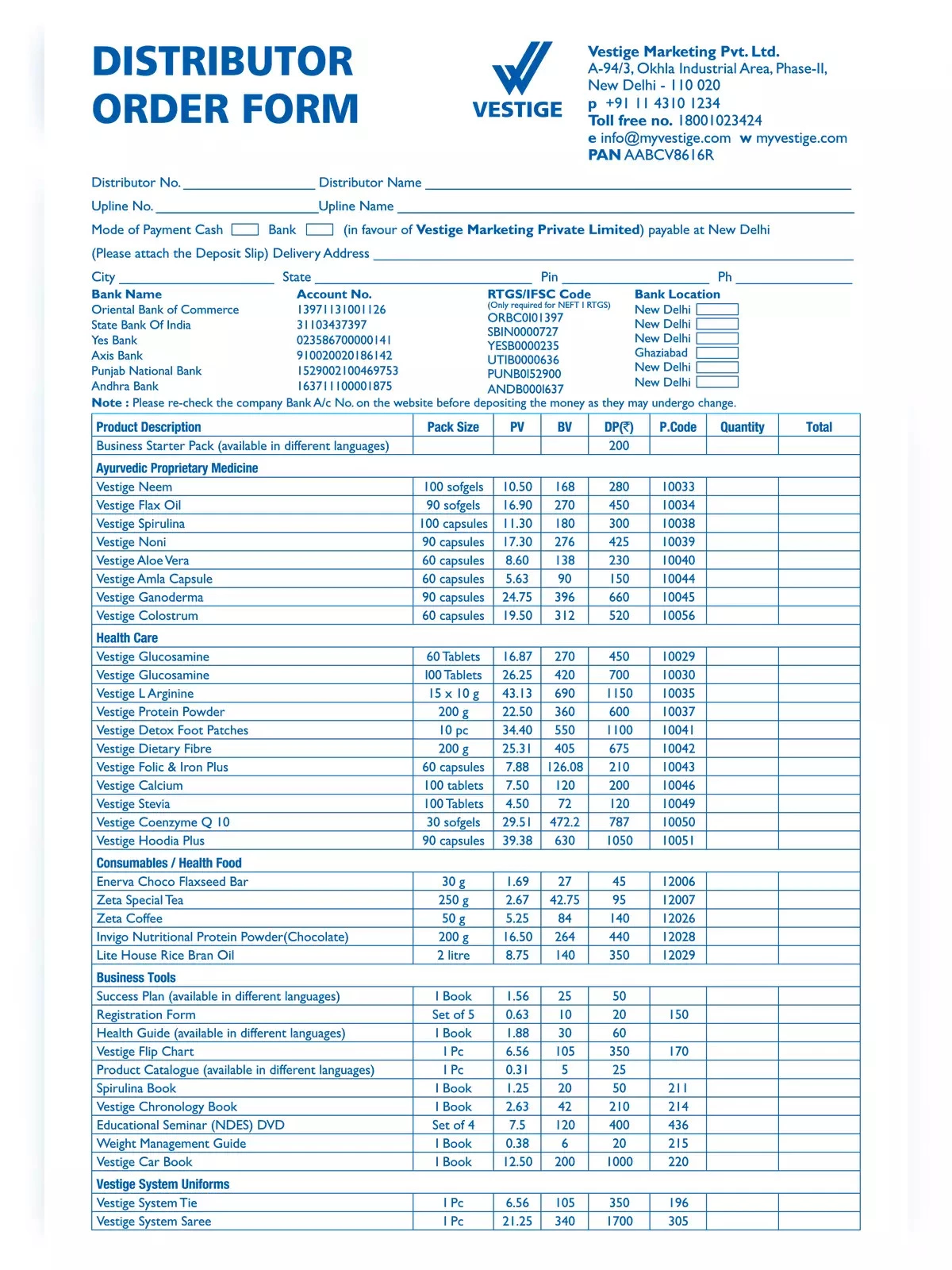 Vestige Distributor Order Form [y]