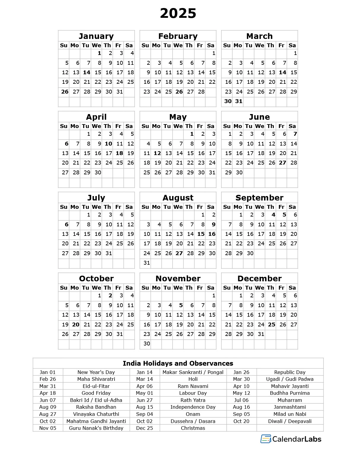 2025 Calendar with Indian Holidays Printable 1PDF