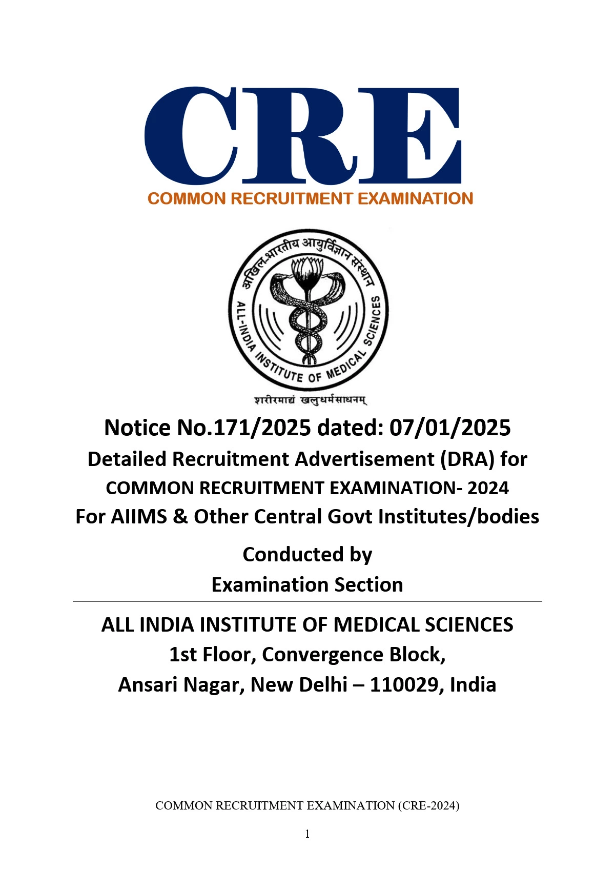 AIIMS CRE Recruitment 2025 Notification for 4576 Posts