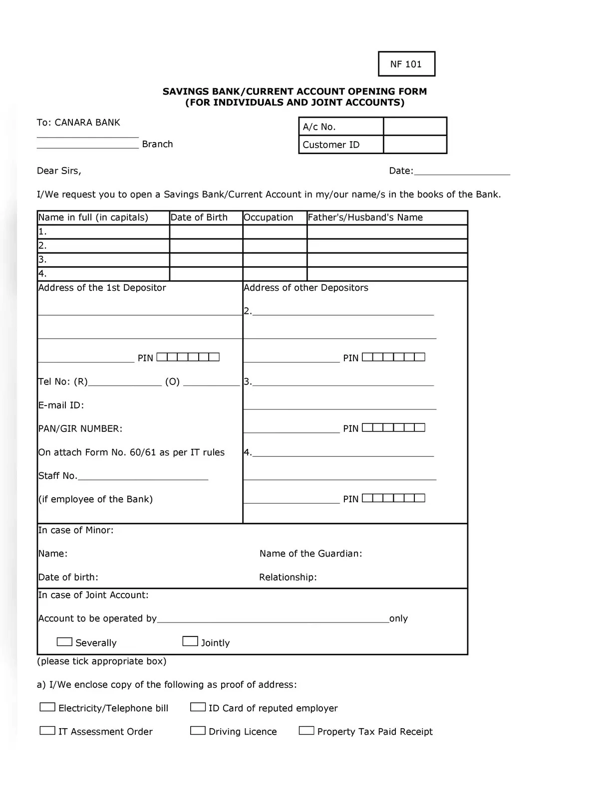 Canara Bank Saving Account Opening Form