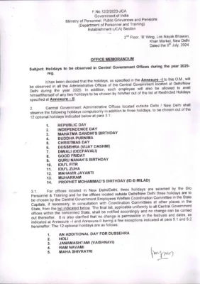 Central Government (DOPT) Holiday List 2025