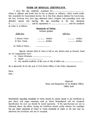 Police Constable Medical Certificate Form