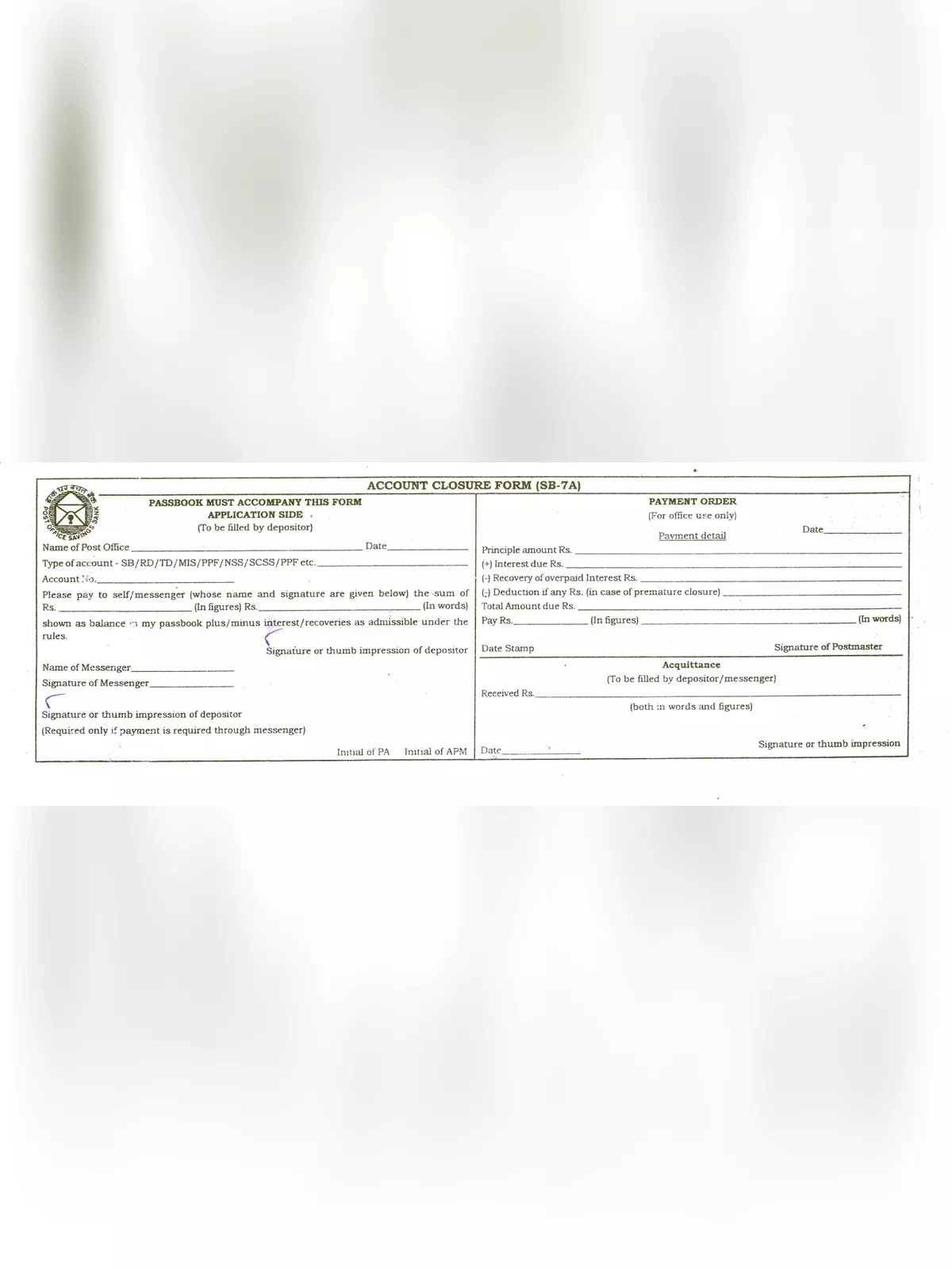 Post Office Account Closure Form