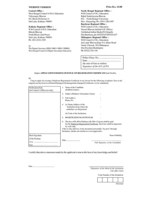 WBCHSE Application for Issue of Duplicate Registration Certificate