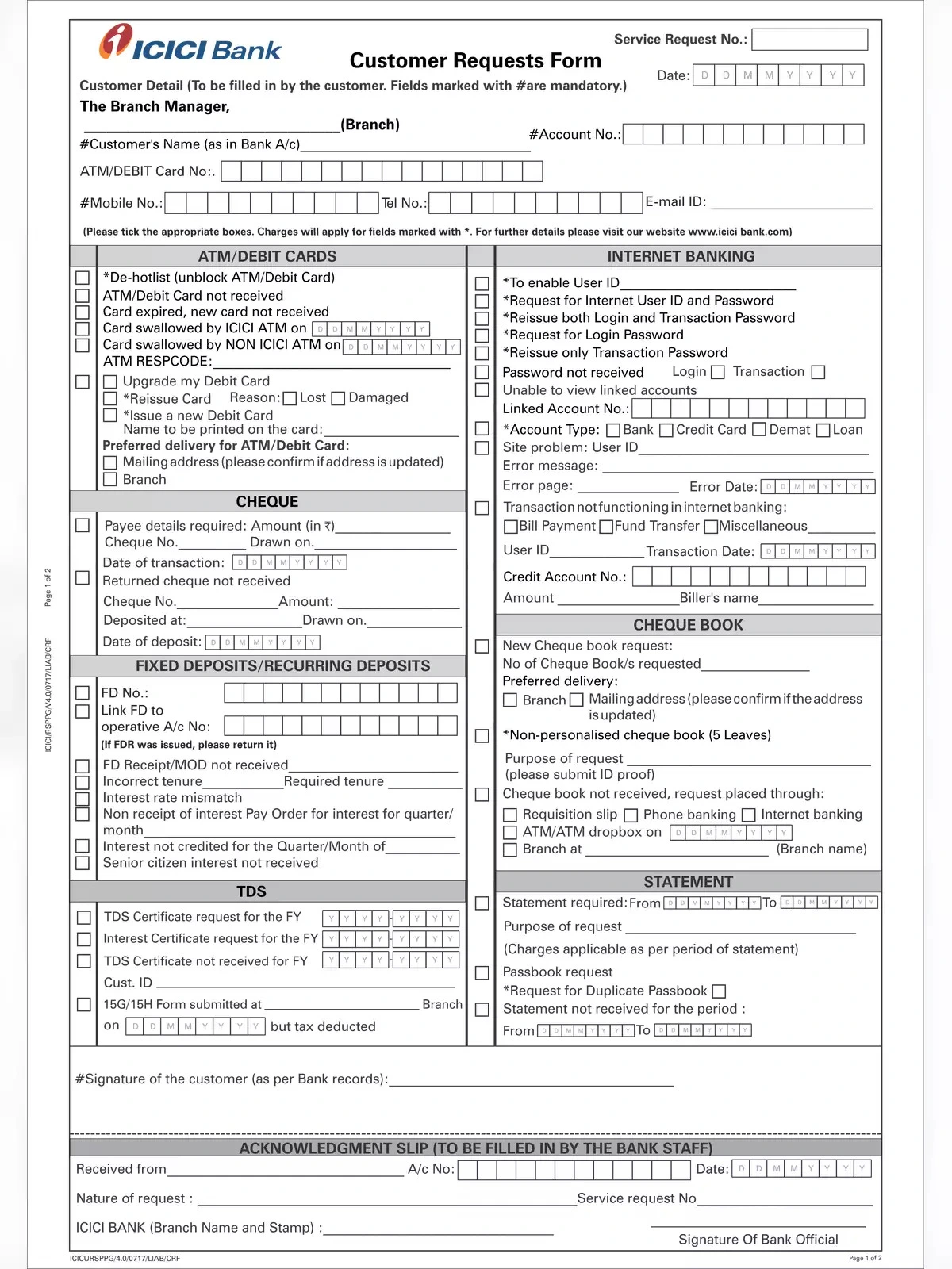 ICICI Customer Request Form