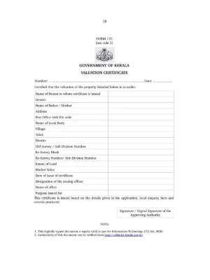 Kerala Valuation Certificate Form