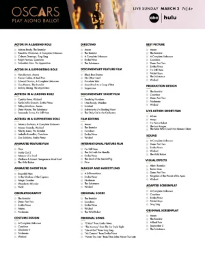 Oscar Ballot 2025 Printable