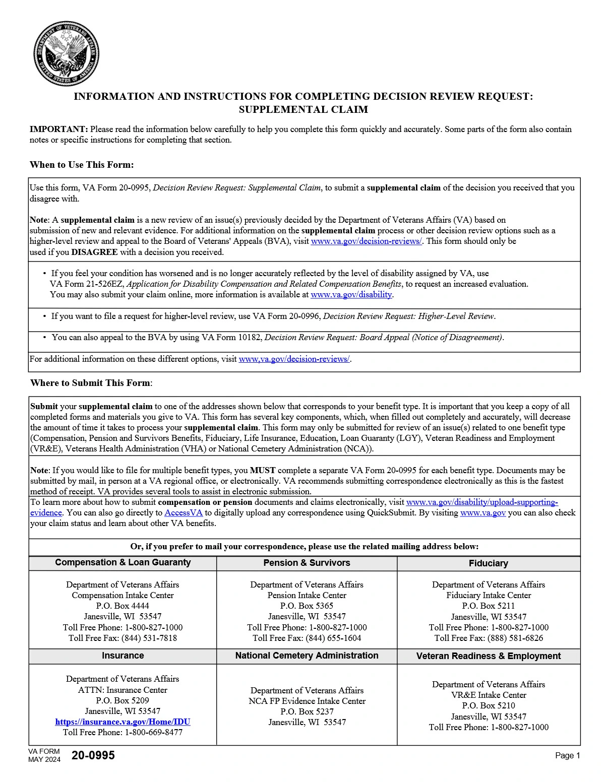 VA Form 20-0995