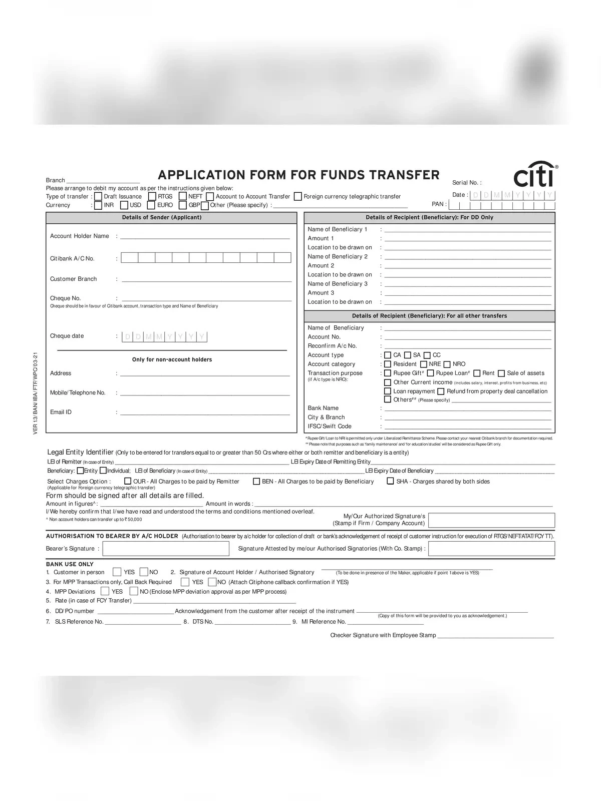 Citibank RTGS/NEFT Form