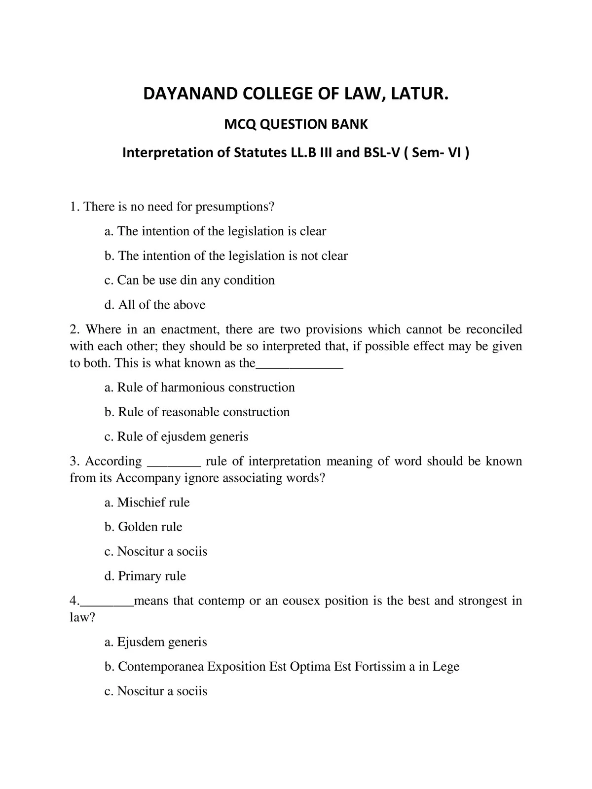 Interpretation of Statutes MCQ