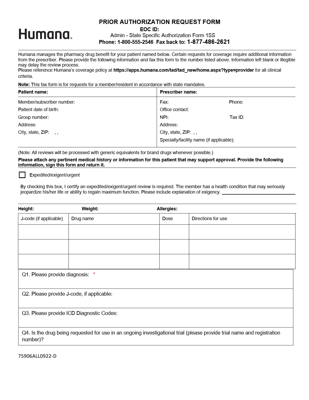 Humana Prior Authorization Form