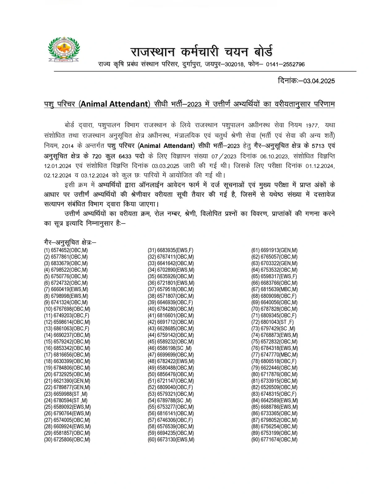 Rajasthan Pashu Parichar Result 2025 (Animal Attendant Result)