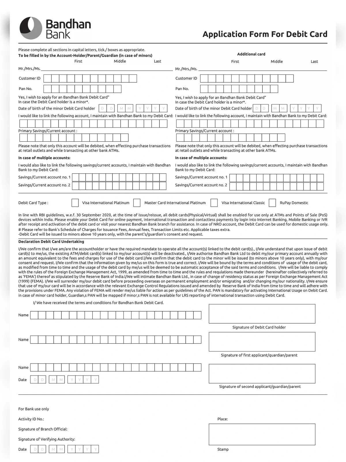 Bandhan Bank ATM Card Application Form