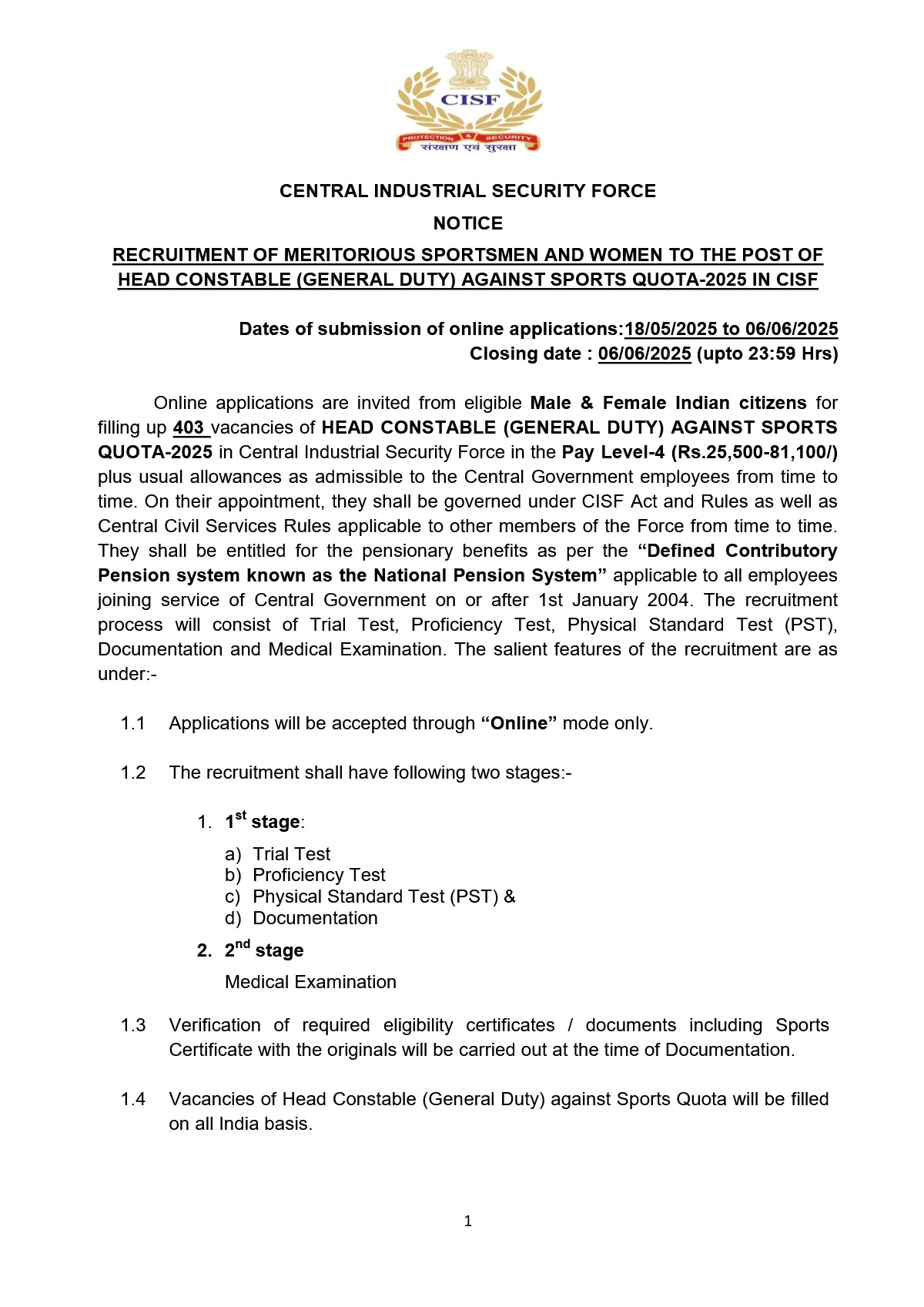 CISF Recruitment 2025 Notification for 403 Head Constable (GD) Posts Under Sports Quota