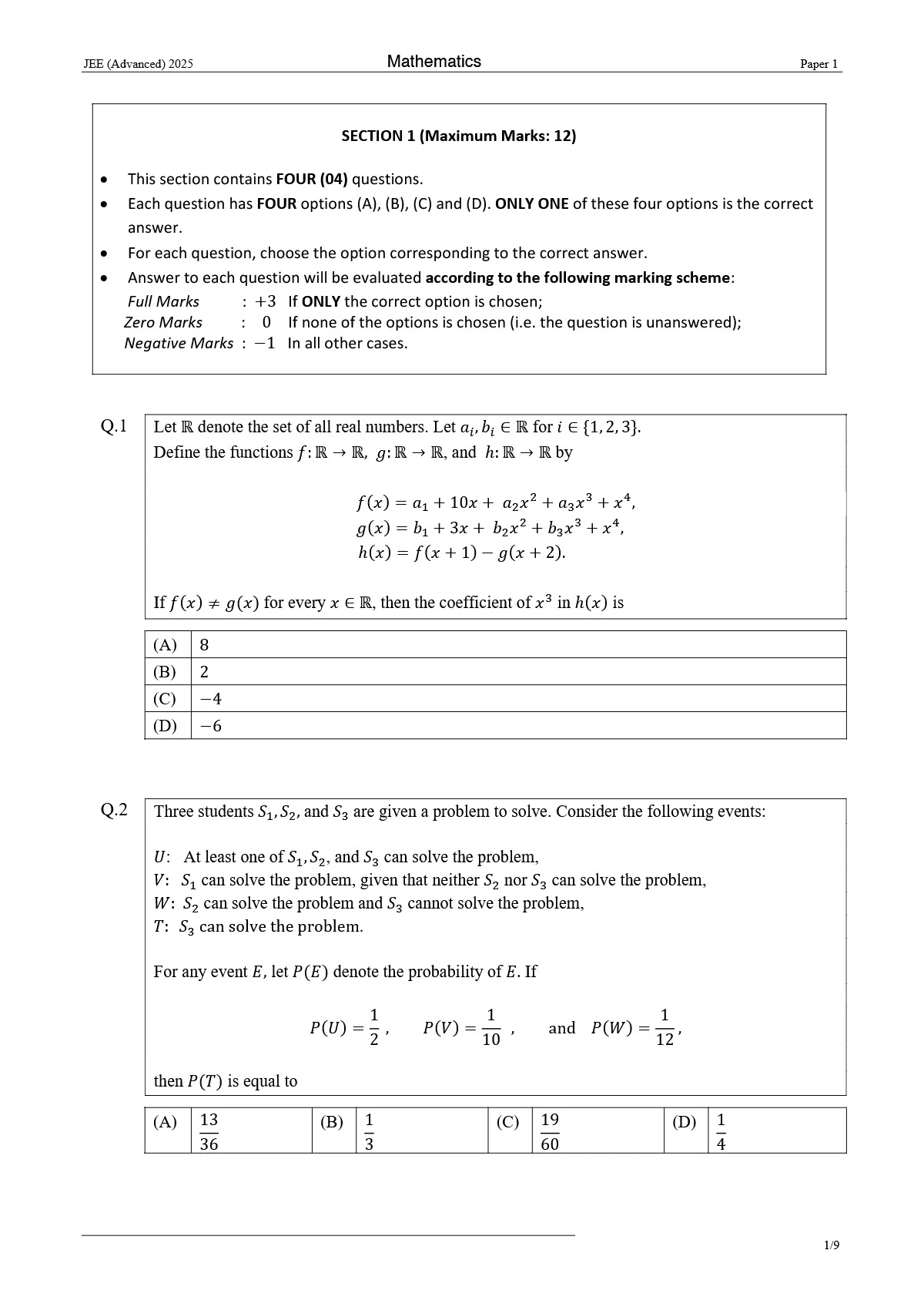 JEE Advanced 2025 Paper 1