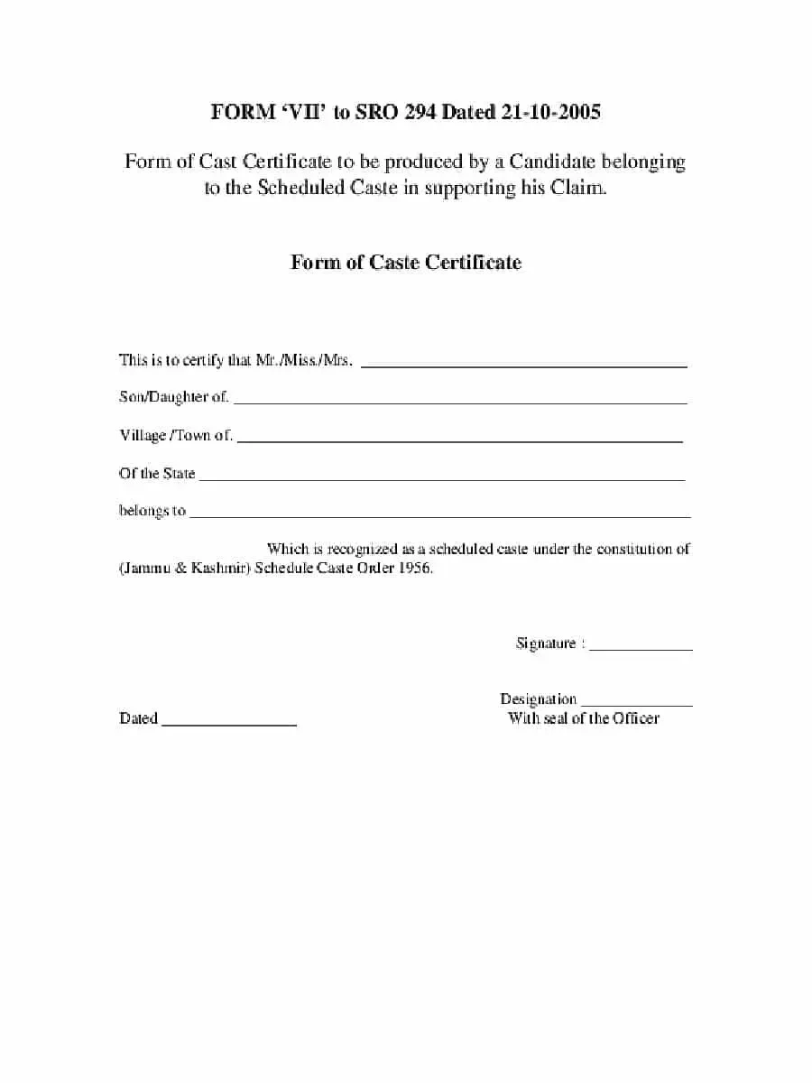 Jammu & Kashmir Caste Certificate Form
