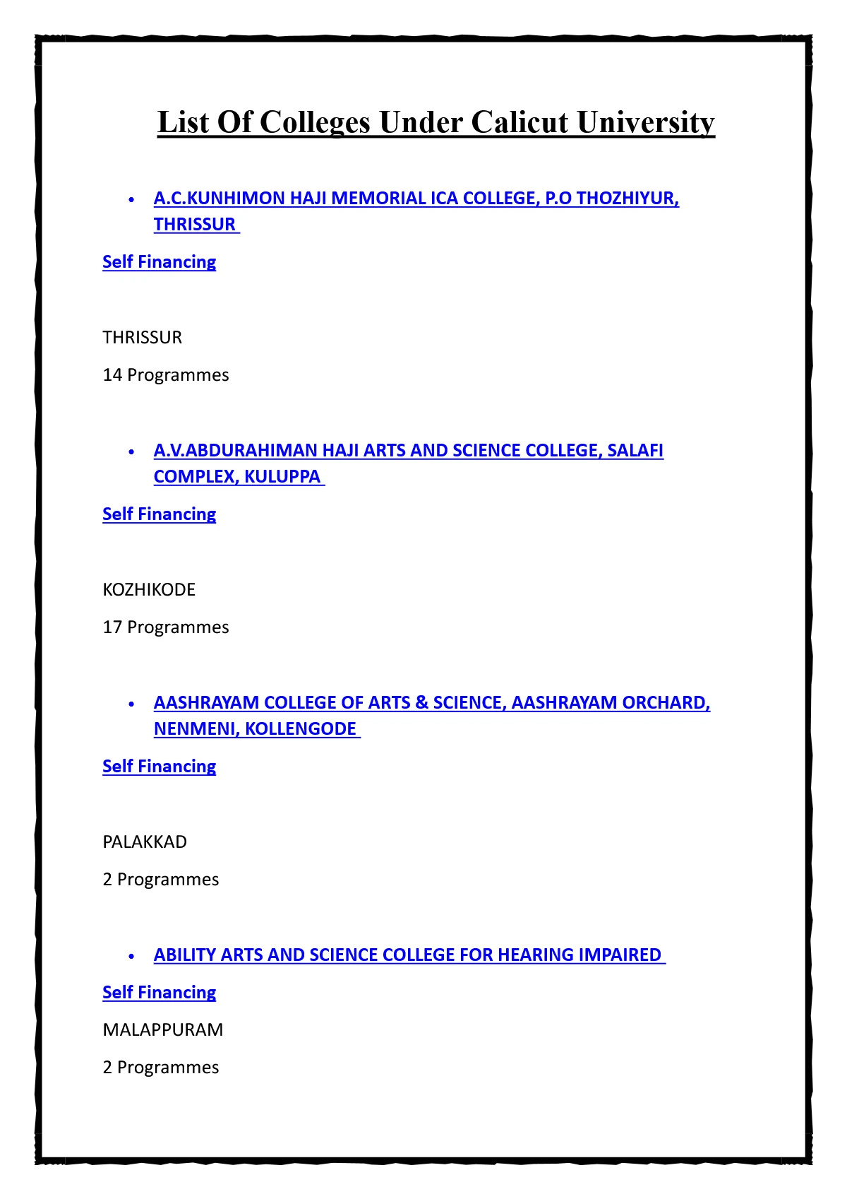 List of Colleges Under Calicut University