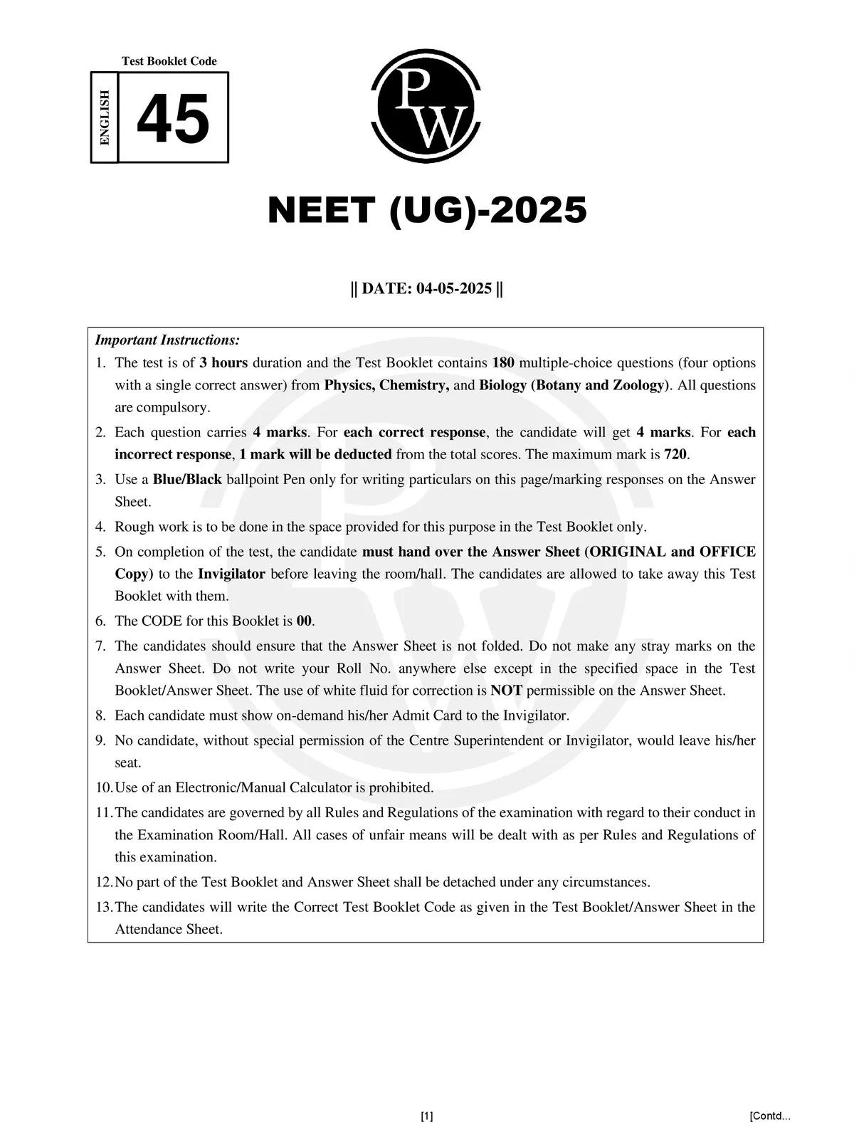 NEET Question Paper 2025 with Answer Key