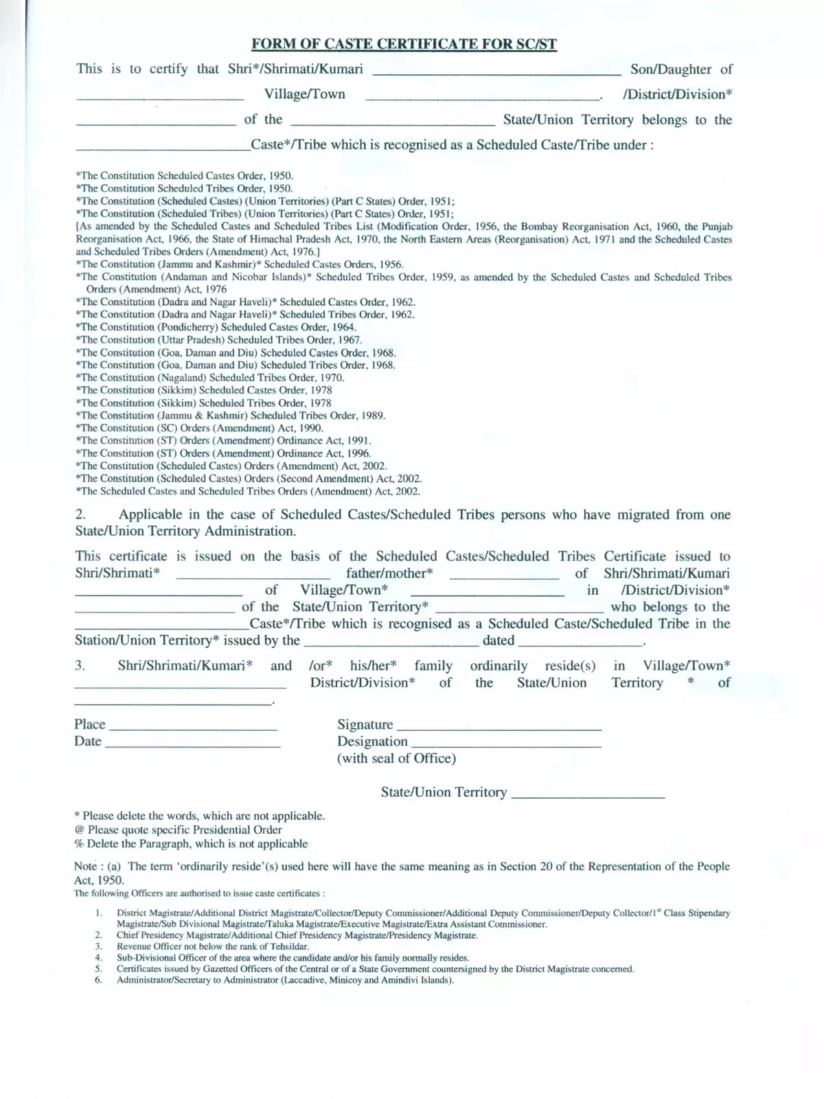 SC /ST Certificate Form Bihar