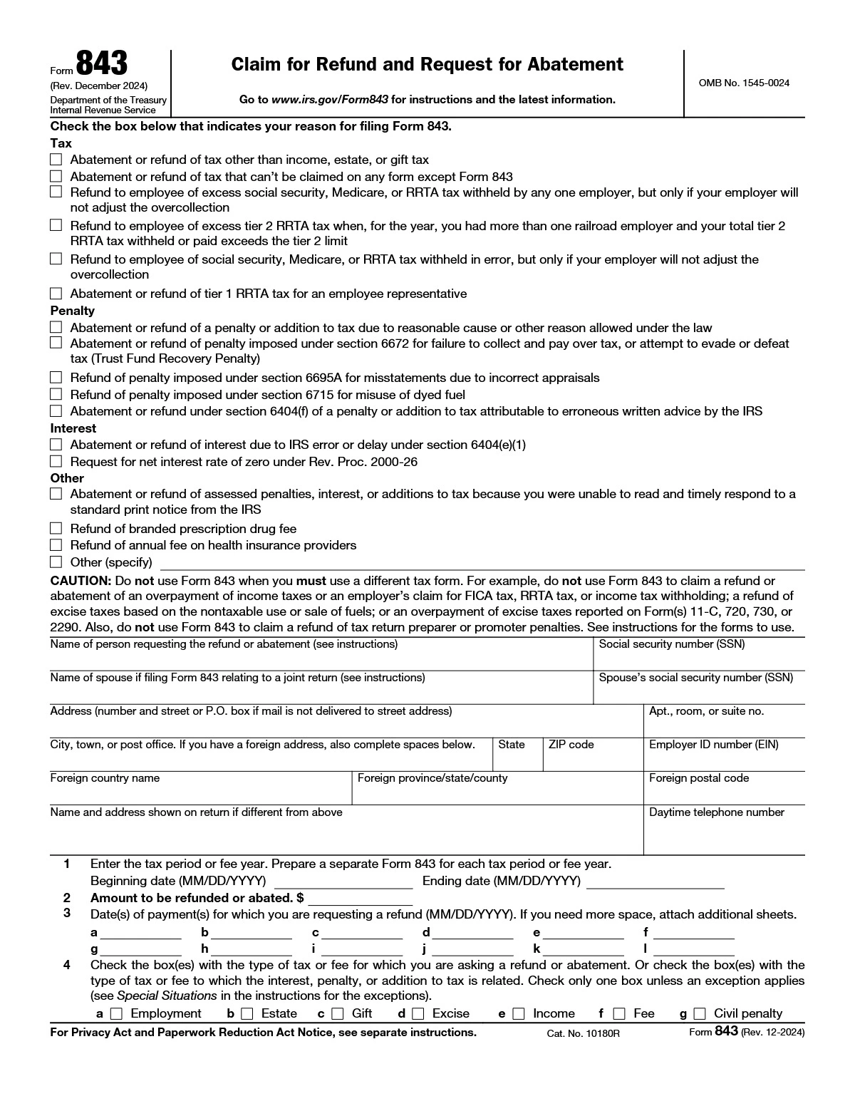 IRS Form 843 - Claim for Refund and Request for Abatement