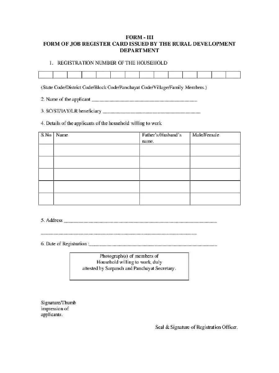Jammu & Kashmir Job Card Register Form