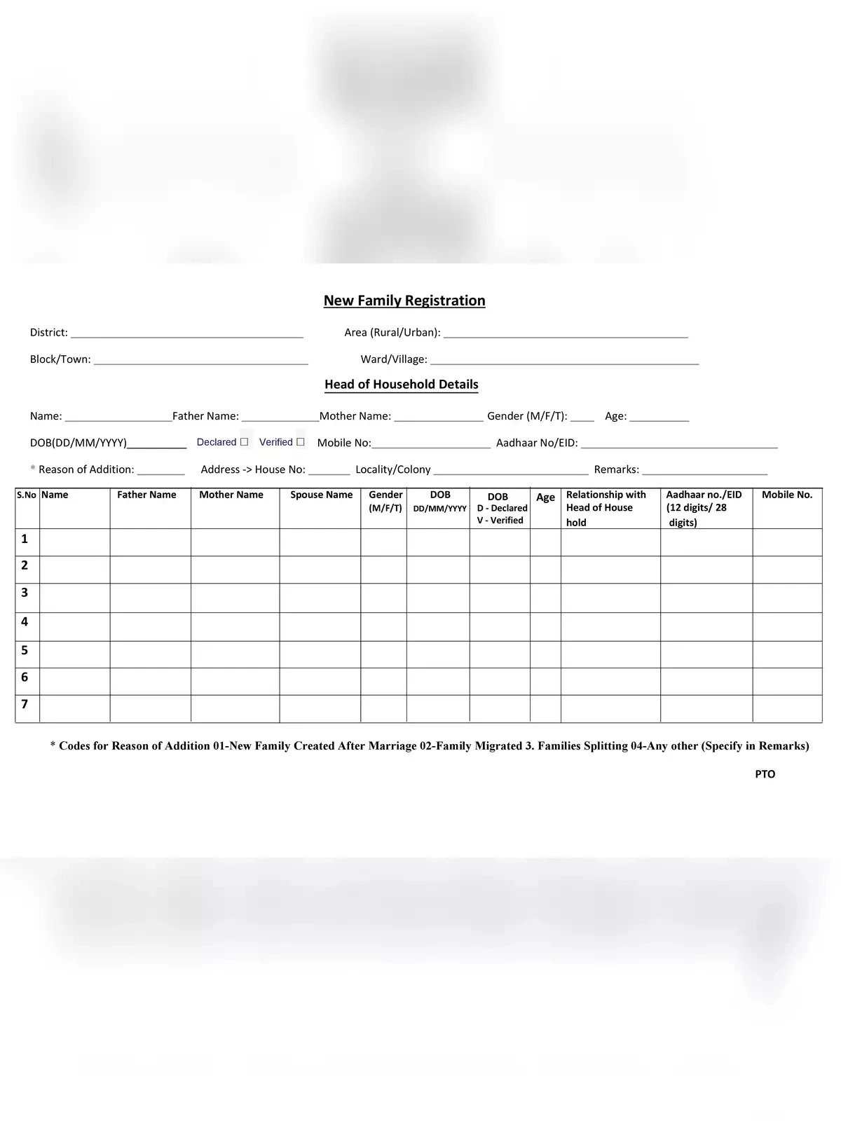 New Family Registration Form for Parivar Pehchan Patra