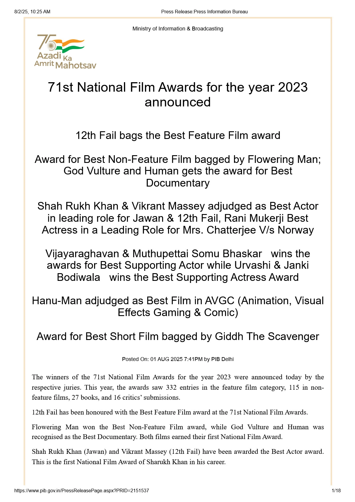 70th National Film Awards Winners List