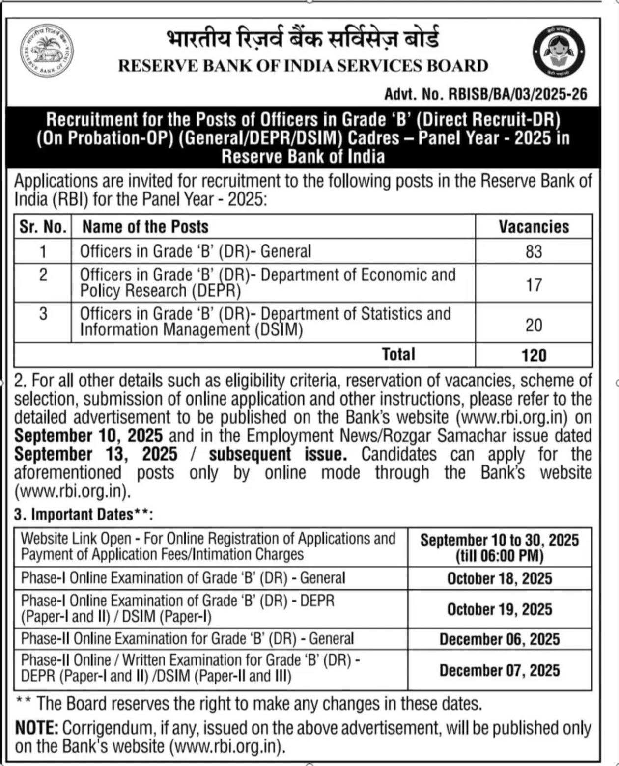 RBI Grade B Notification 2025