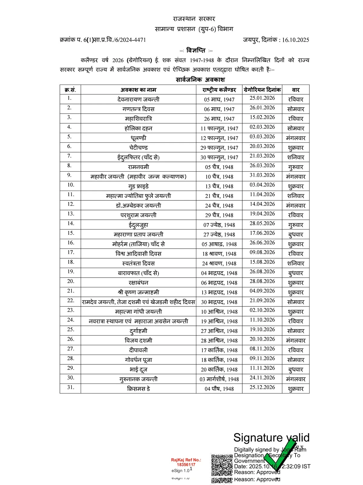 Rajasthan Government Holiday List 2026